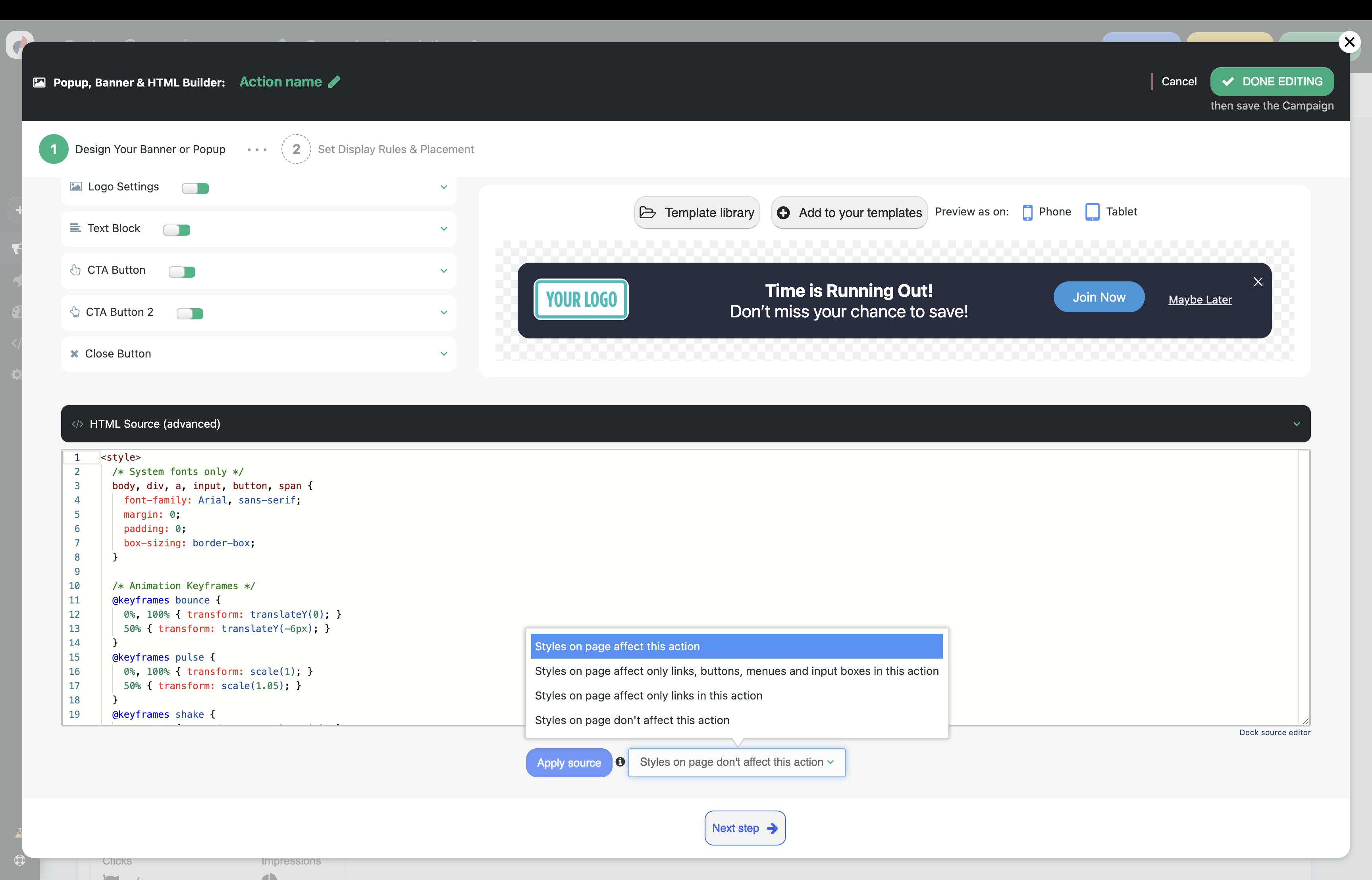 Popup, Banner & HTML Builder: 